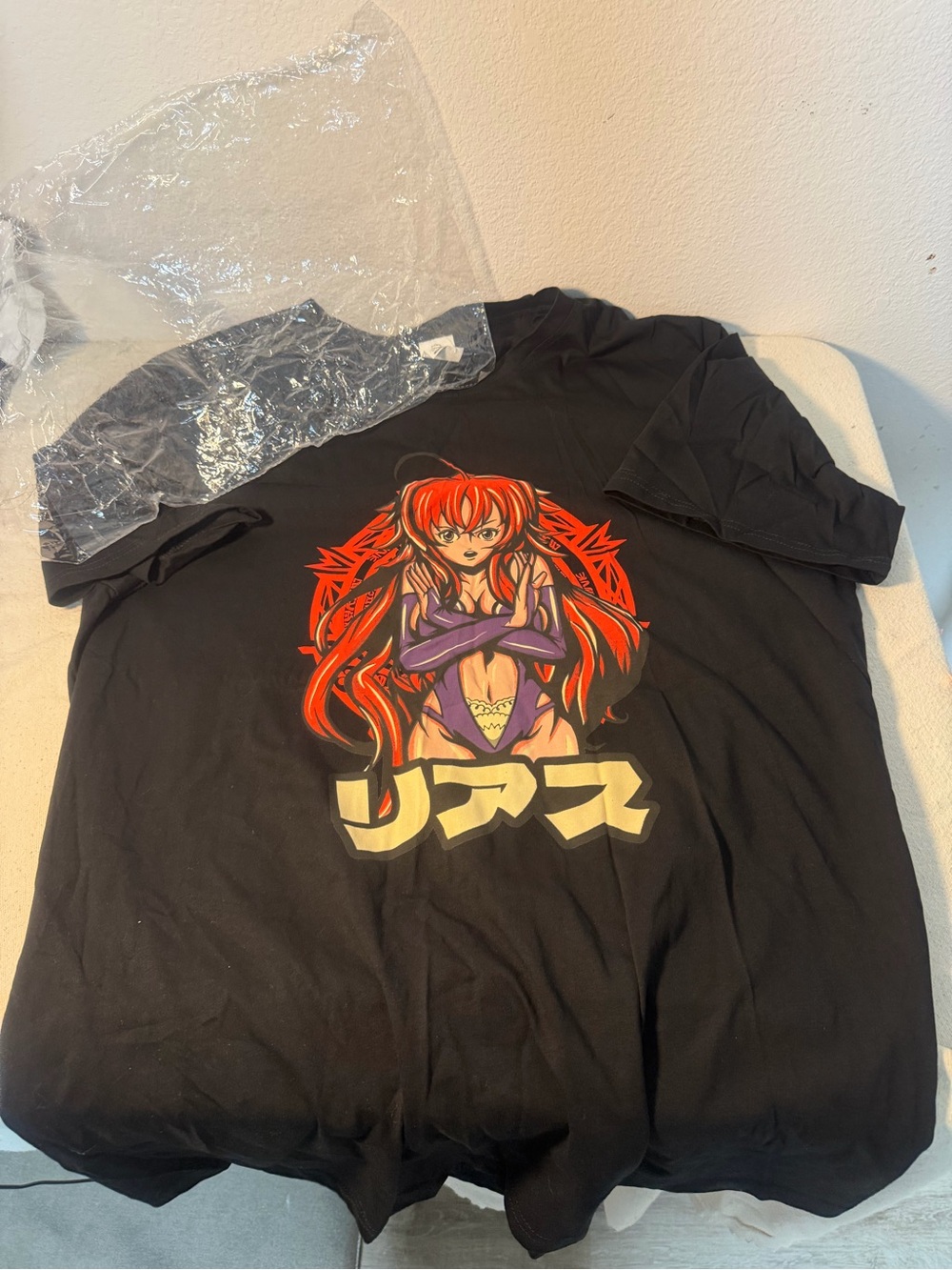 Black Graphic Anime Short-Sleeve Tee with Red Hair Character